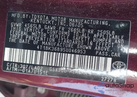 2005 Toyota Avalon Xls from USA, damaged, VIN 4T1BK36B95U046953